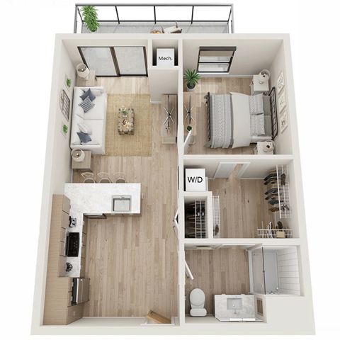 Floor plan for 1 bed, 1 bath, 645 sqft